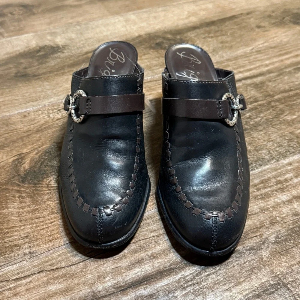 Brighton Vintage Gemini Pebbled Leather Horsebit Block Heel Mules, Black Brown,8 - Picture 5 of 10